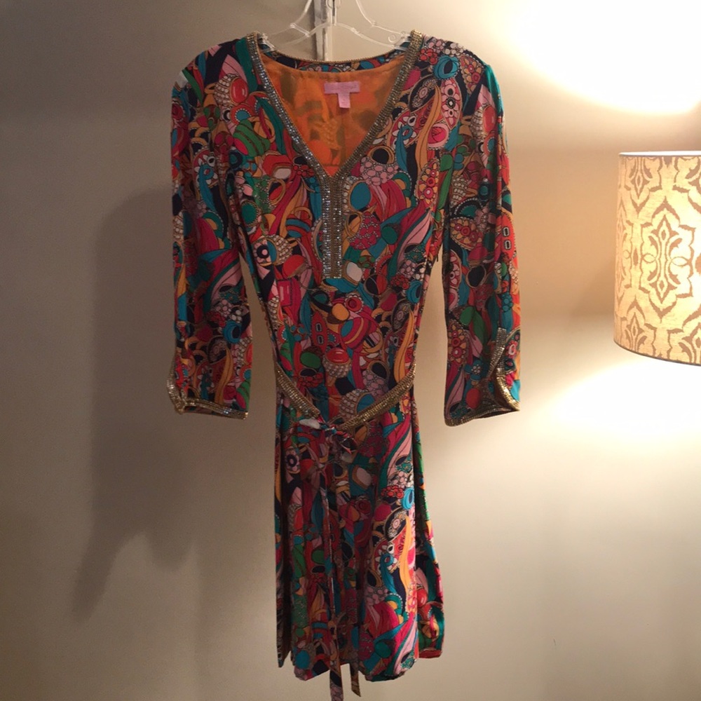 Lilly Pulitzer dress with metallic trim and belt